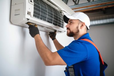 360_F_621046421_Vcay4nYa8ozdeodOQVDfES6MRrC6N3b8 Air conditioning technician servicing a wall-mounted AC unit in Tempe, AZ